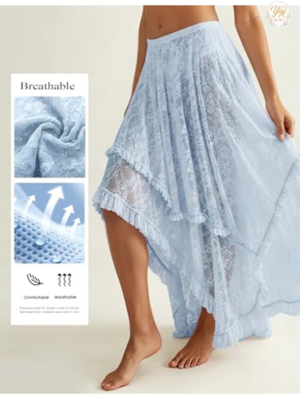 Flowy Boho Maxi Skirt with Floral Lace, Elastic Waist, Ruffle Hem, Sheer - Picture 3 of 6